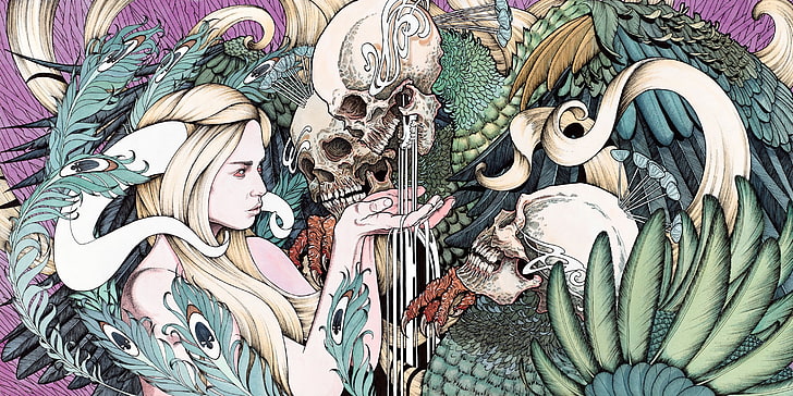 woman playing with skulls ilustration, demoness, plants, fantasy art