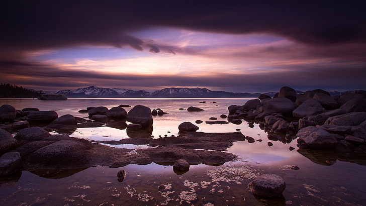 stones near water at daytime, landscape, sea, rock, clouds, solid