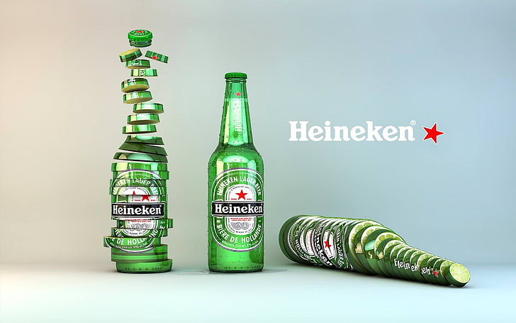 CGI, beer, Heineken, fresh, minimalism, container, bottle, green color