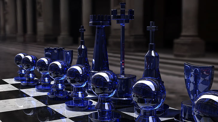 blue chess piece set, the game, glass, Board, figure, strategy, HD wallpaper