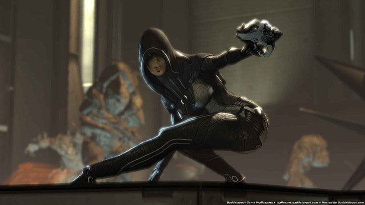 women's black suit, Mass Effect, Kasumi Goto, video games, indoors