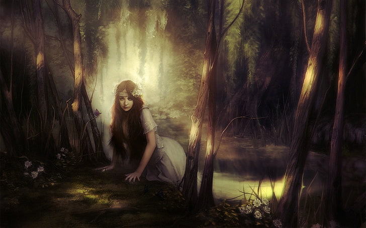 painting of woman on forest, digital art, women, brunette, nature
