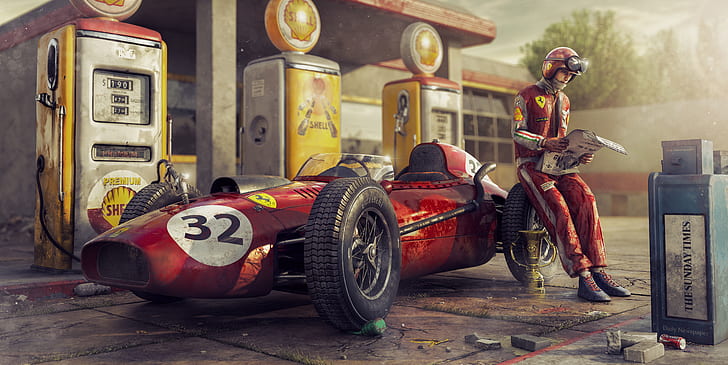 artwork, car, numbers, vehicle, red cars, race cars, Ferrari