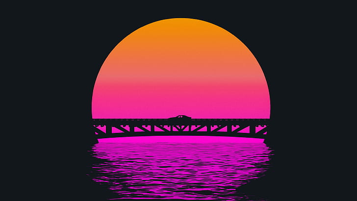 Sunset, The sun, Bridge, Music, Silhouette, Background, 80s
