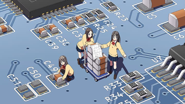 anime girls, circuit boards, school uniform
