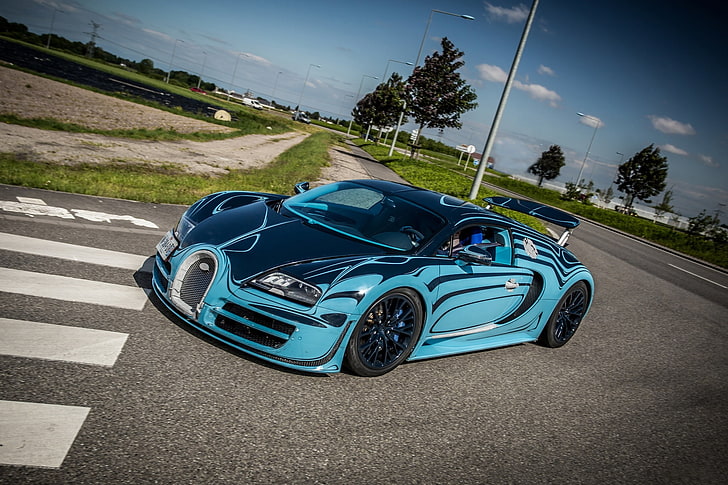 blue and black Bugatti Veyron, super, sport, saphir bleu, supercar