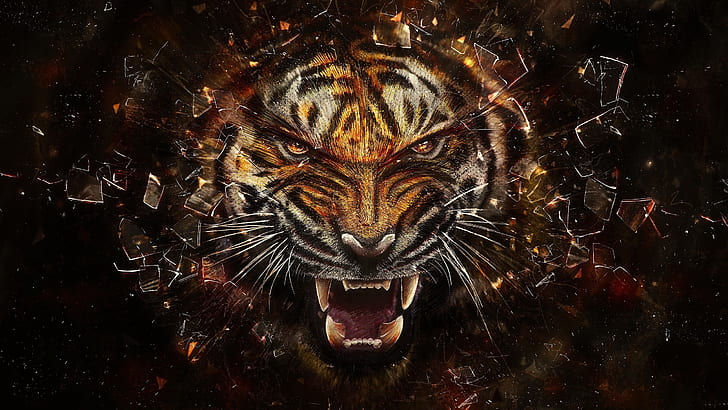 tiger, glass, shards, aggression, teeth, HD wallpaper