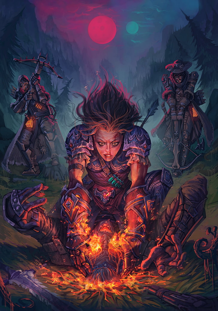 woman making flames illustration, fantasy art, warrior, magic, HD wallpaper