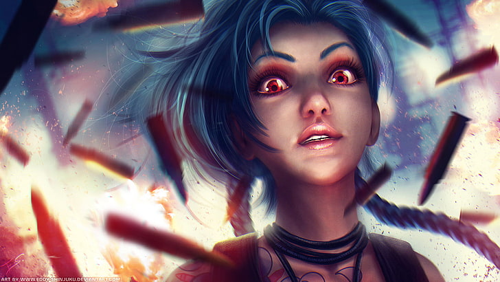 League of Legends Jinx, blue haired animated female character
