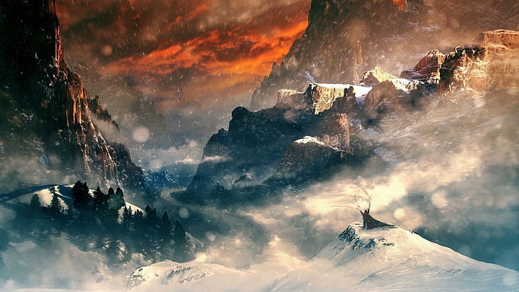 fantasy art, landscape, mountain pass, snow, pine trees, cold temperature