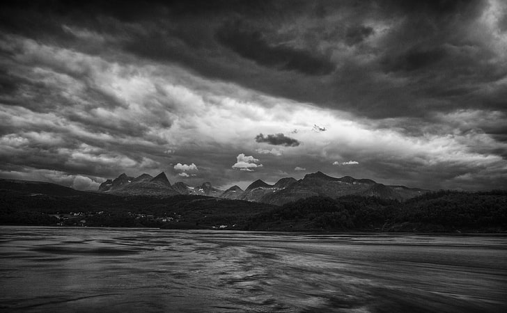 Stormy Night, Black and White, Rain, Silver, Clouds, Norway, sigma, HD wallpaper