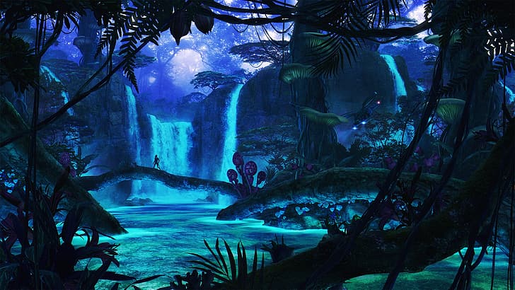 night, waterfall, Pandora, final, mysterious forest, the lonely traveler, HD wallpaper