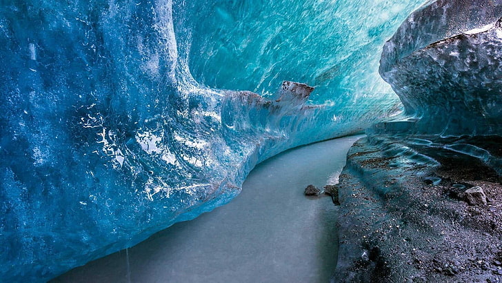 blue, water, ice cave, formation, tunnel, ice tunnel, rock