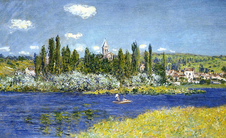 landscape, river, boat, picture, Claude Monet, Vétheuil