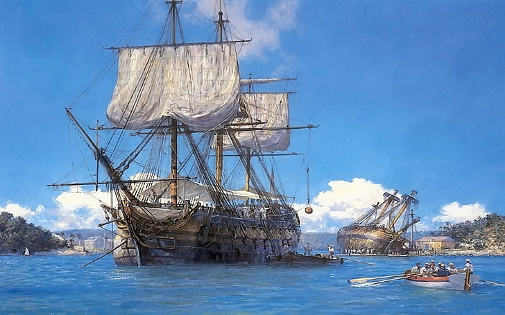 sailors, rowboat, sailing ship, artwork, vehicle, nautical vessel