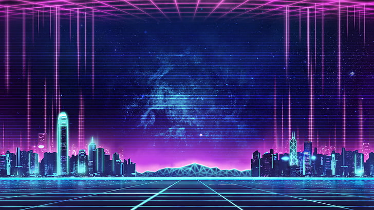 synthwave, music, retro, neon city, Others, architecture, built structure, HD wallpaper