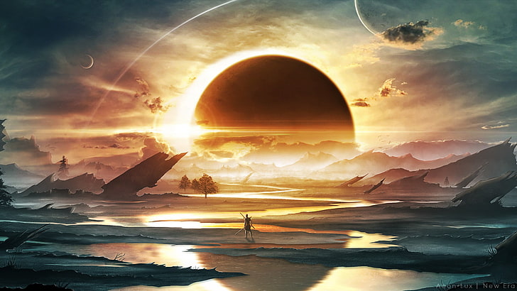 sun covered with moon graphic wallpaper, artwork, science fiction
