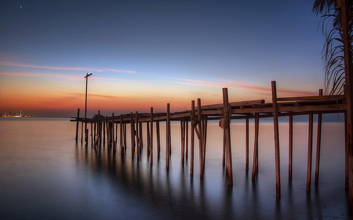 The Persian Gulf, brown dock, Bahrain, sunrise, HD wallpaper