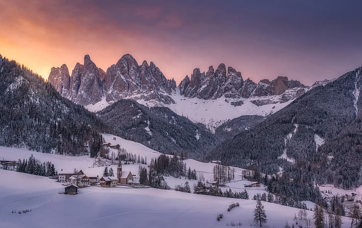 winter, snow, trees, mountains, home, village, Italy, The Dolomites