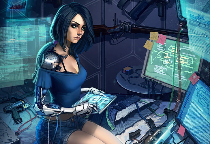 woman looking at computer illustration, science fiction, artwork