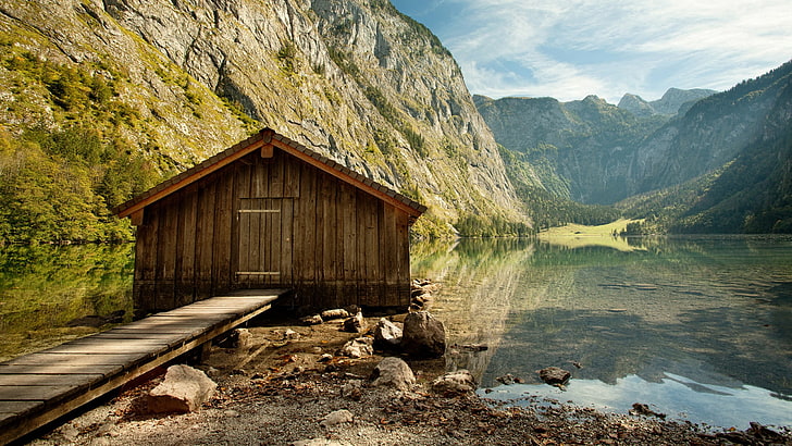 brown wooden shed, lake, obersee, Bavaria, mountain, water, beauty in nature, HD wallpaper