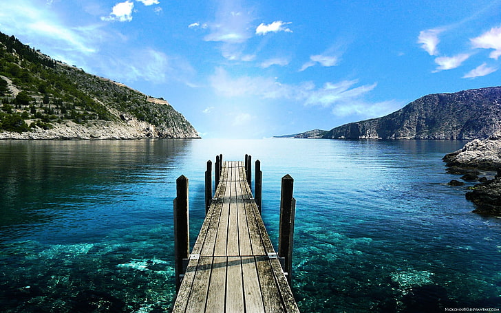 brown wooden walking dock, landscape, sea, Greece, island, pier, HD wallpaper