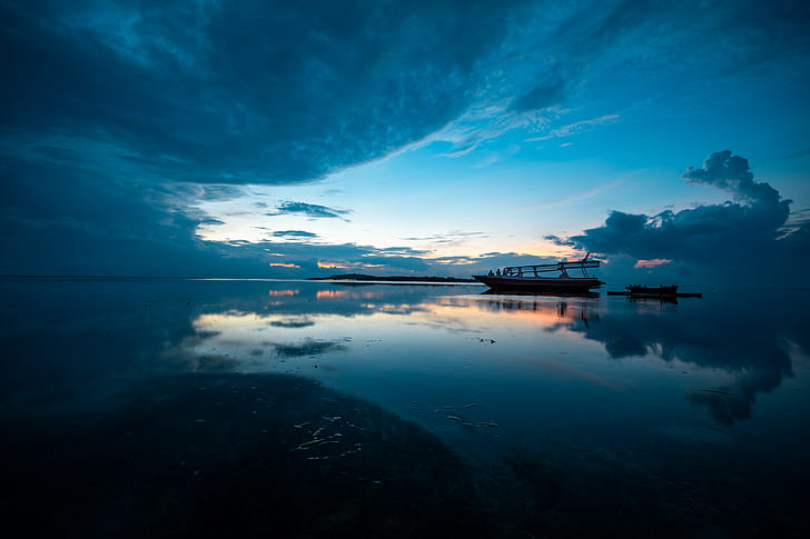 Bali, blue, sea, water, sky, reflection, boat, beach, horizon, HD wallpaper