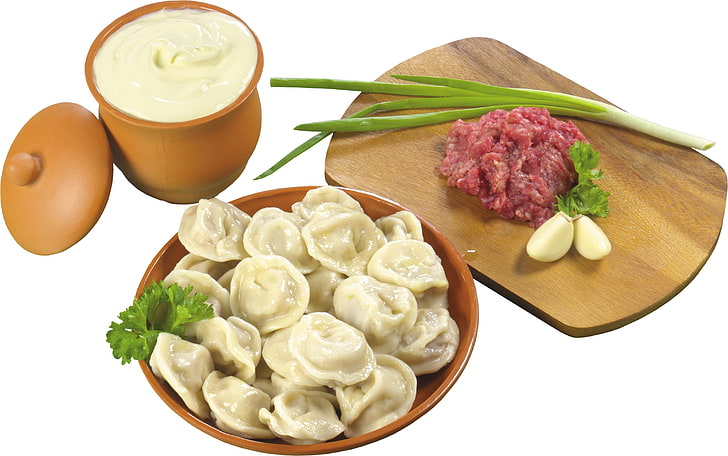 brown ceramic bowl, dumplings, greens, stuffing, dough, sauce, HD wallpaper