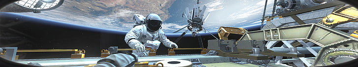 astronaut at space art illustration, satellite near astronaut