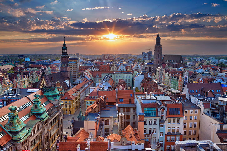 sunset, Poland, panorama, Wroclaw, HD wallpaper