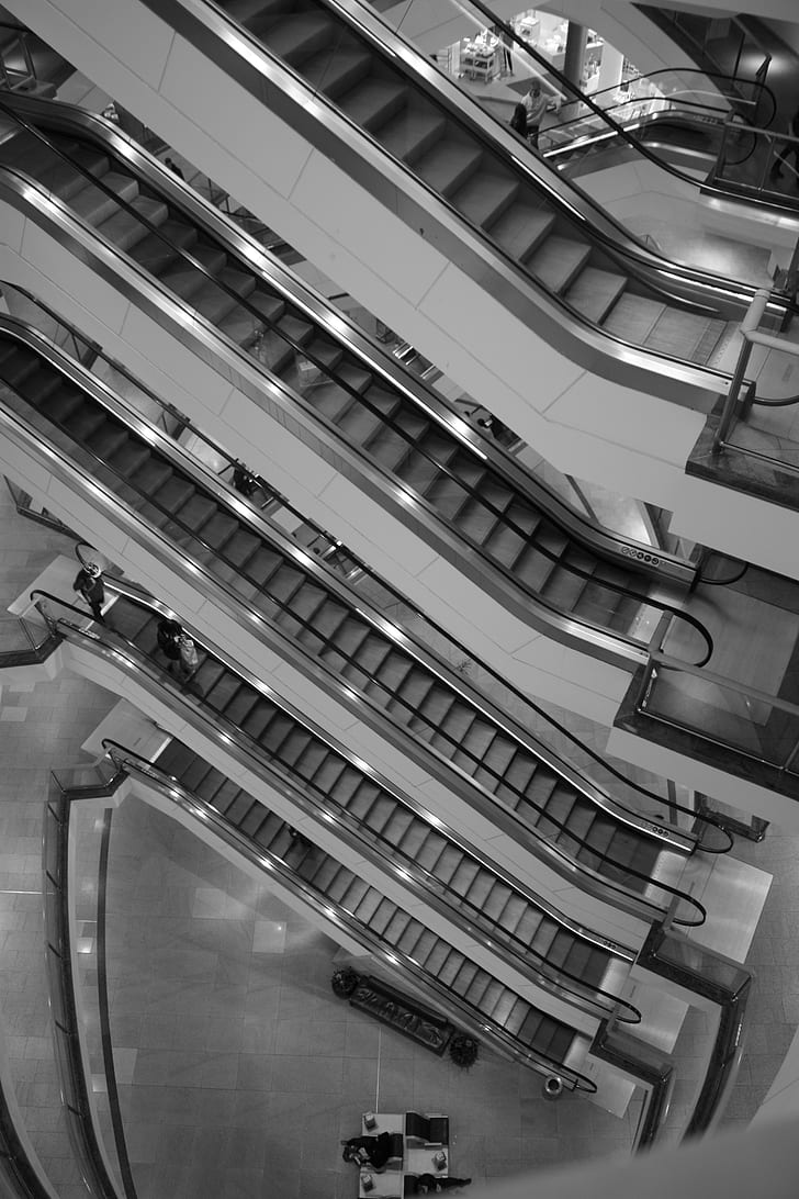 monochrome, escalator