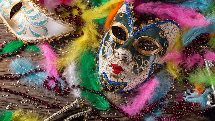 mask, pearl necklace, colorful, feathers, wooden surface, keys