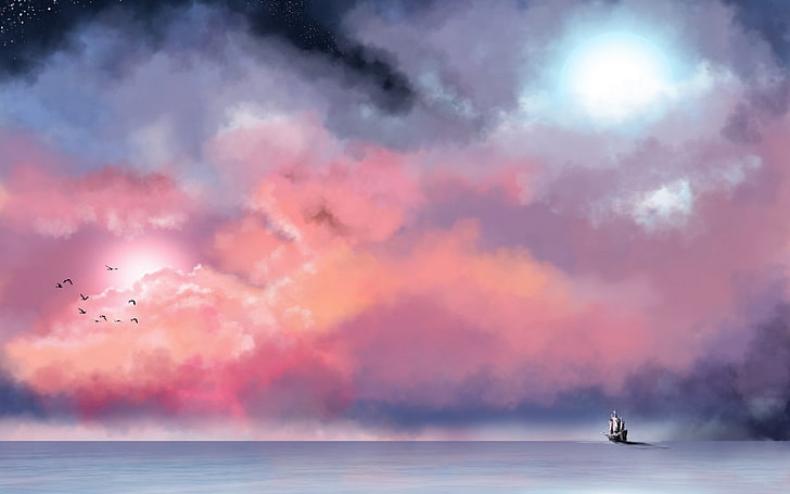 ship under orange and gray sky painting, fantasy art, water, cloud - sky, HD wallpaper