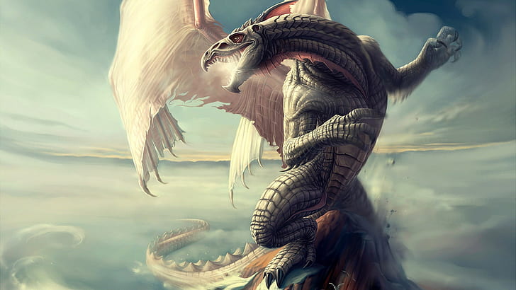 dragon, clouds, fantasy art, HD wallpaper