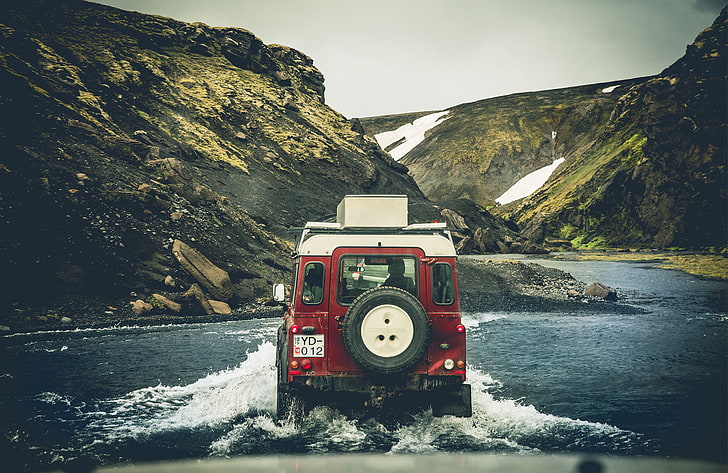 car, vehicle, landscape, Land Rover, Iceland, water, mountains, HD wallpaper
