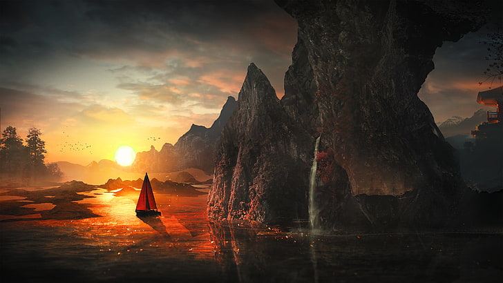 red sail boat in body of water, digital art, mountains, rock
