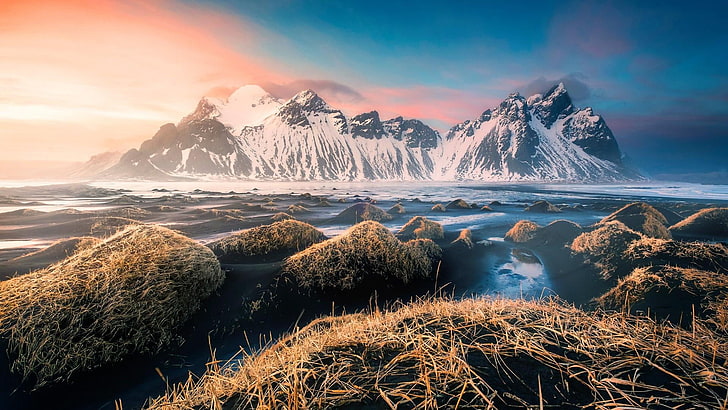 sunlight, mountains, brunnhorn, eystrahorn, landscape, ice, HD wallpaper