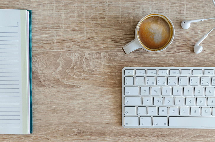 coffee, cup, desk, document, drink, earphones, internet, keyboard, HD wallpaper