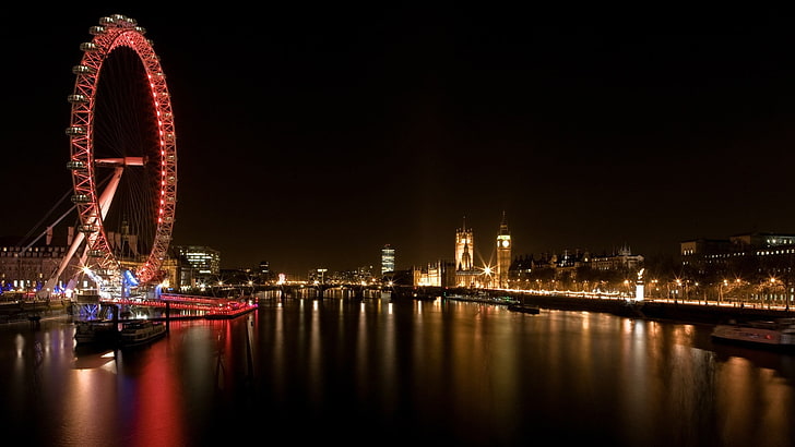London, London Eye, ferris wheel, cityscape, night, River Thames, HD wallpaper