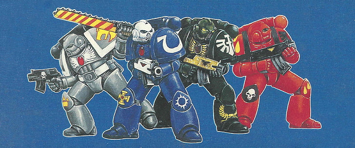 Warhammer 40,000, space marines, colored background, blue, no people