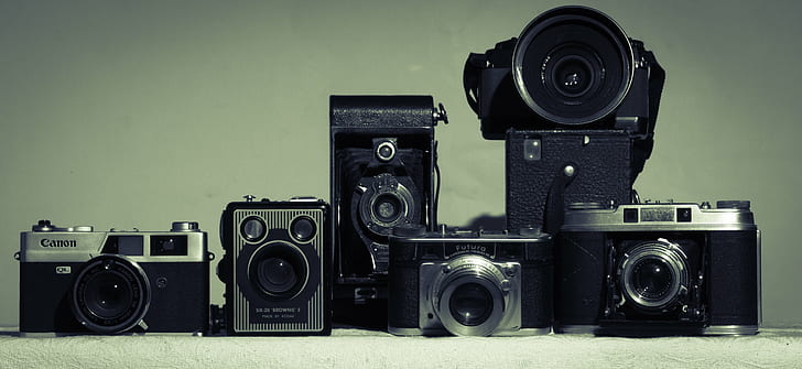 photography of silver and black vintage camera, panorama, canon, HD wallpaper