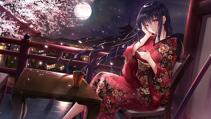 anime, anime girls, kimono, Japanese clothes, long hair, purple hair, HD wallpaper