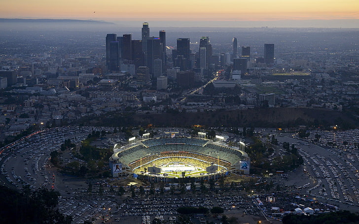 aerial photography of stadium, city, cityscape, skyscraper, Los Angeles, HD wallpaper