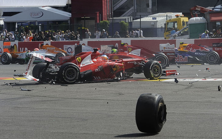 red Ferrari formula 1 vehicle, Fernando Alonso, crash, transportation