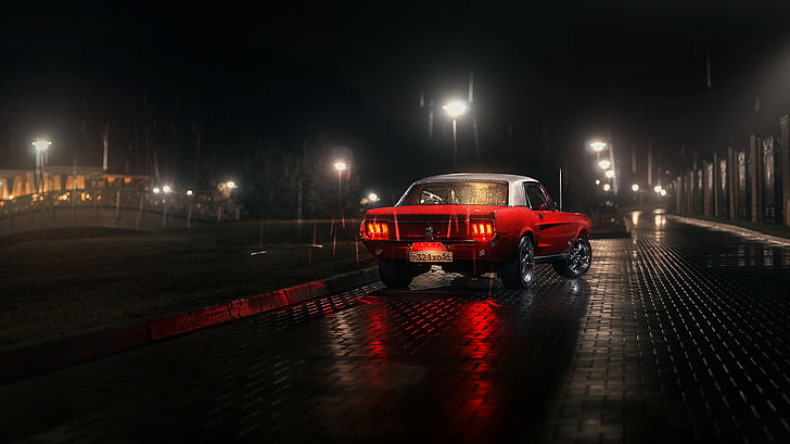 white, red, reflection, rain, lamp, Mustang, Ford, back, Parking