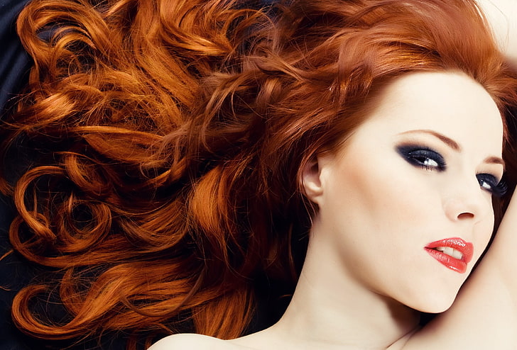 women's brunet hair, model, redhead, long hair, face, airbrushed, HD wallpaper