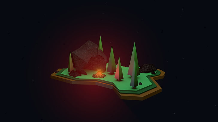 green and brown camp toy, low poly, digital art, multi colored