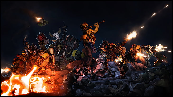 untitled, Warhammer 40,000, orcs, imperial guard, battle, burning