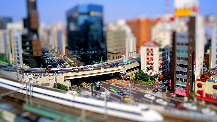 city sky miniature, tilt shift, cityscape, traffic, road, urban Scene