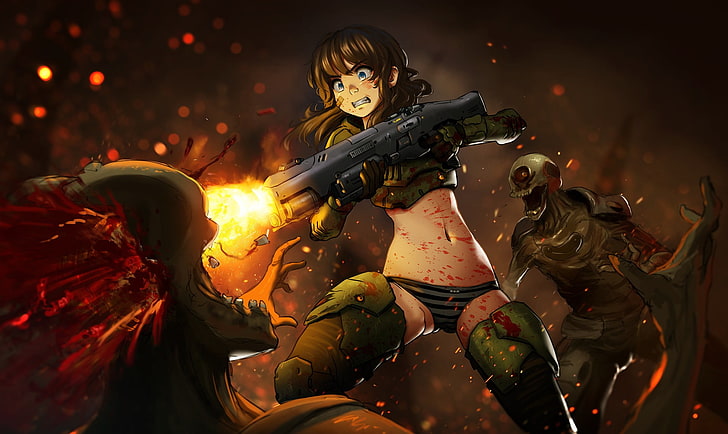 brown haired female anime character illustration, girl, weapons
